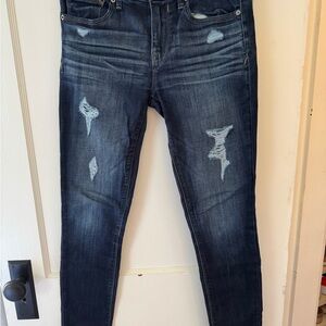 Express Dark Blue Distressed Skinny Jeans Mid Rise